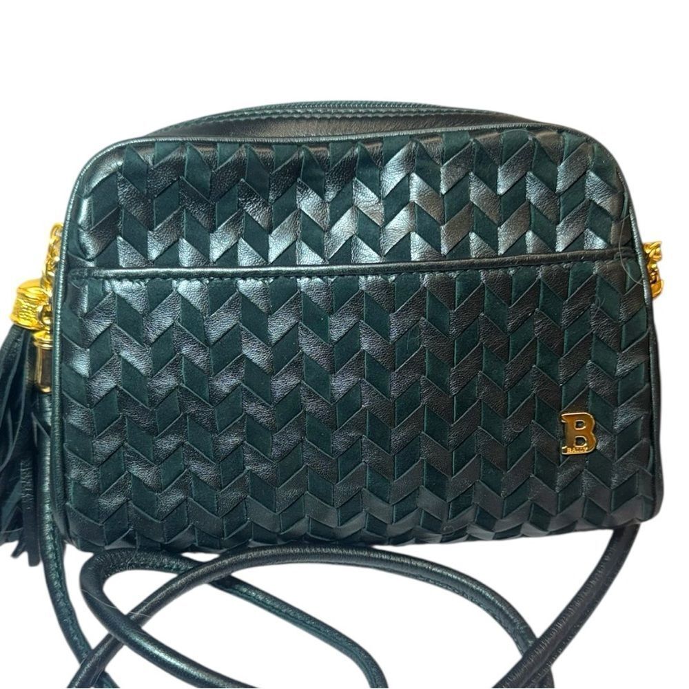 Bally Green Suede Metallic Chevron Woven Leather Crossbody Bag Tassel Auth